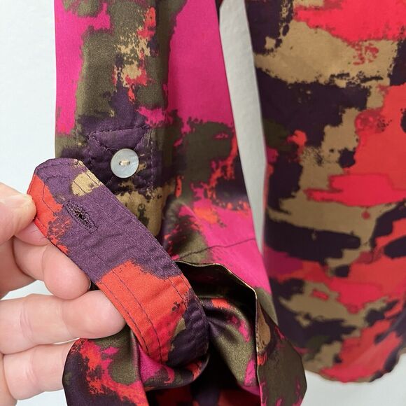 Ruby Rd | Petite Pink Purple Graphic Print Roll Tab Sleeve Button V Neck Top 4P - Picture 5 of 6